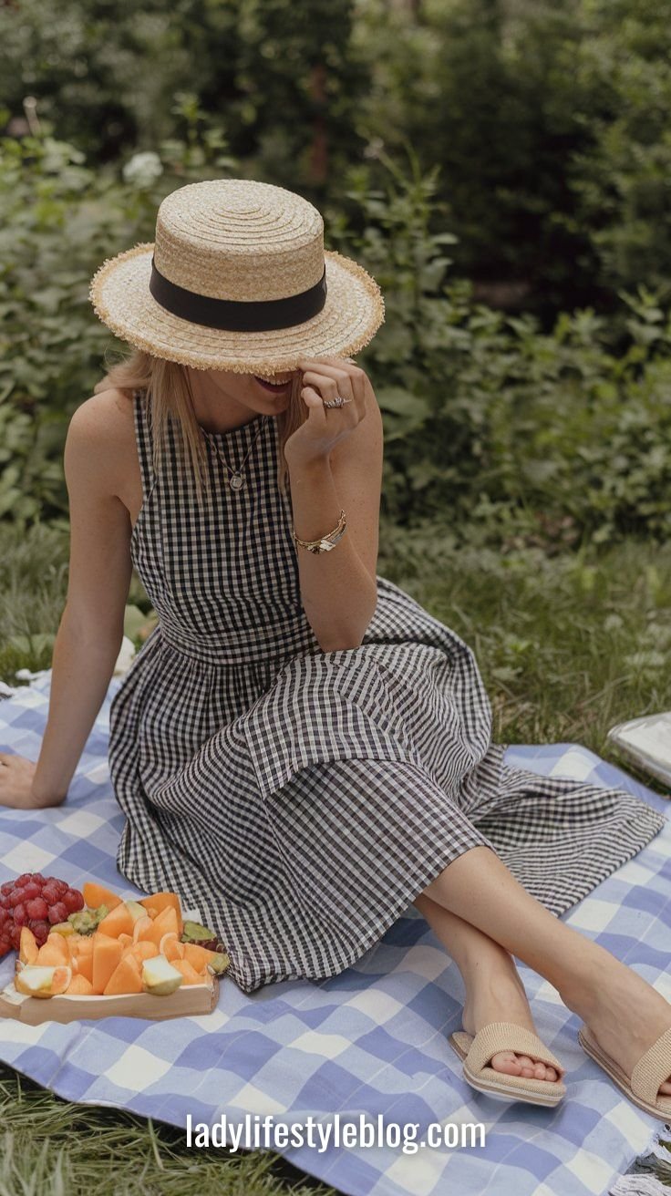 Gingham Dress and Straw Hat