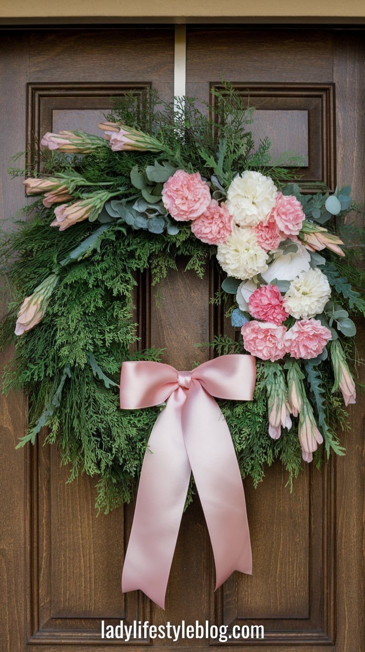 Spring Wreath with Ribbon and Flowers