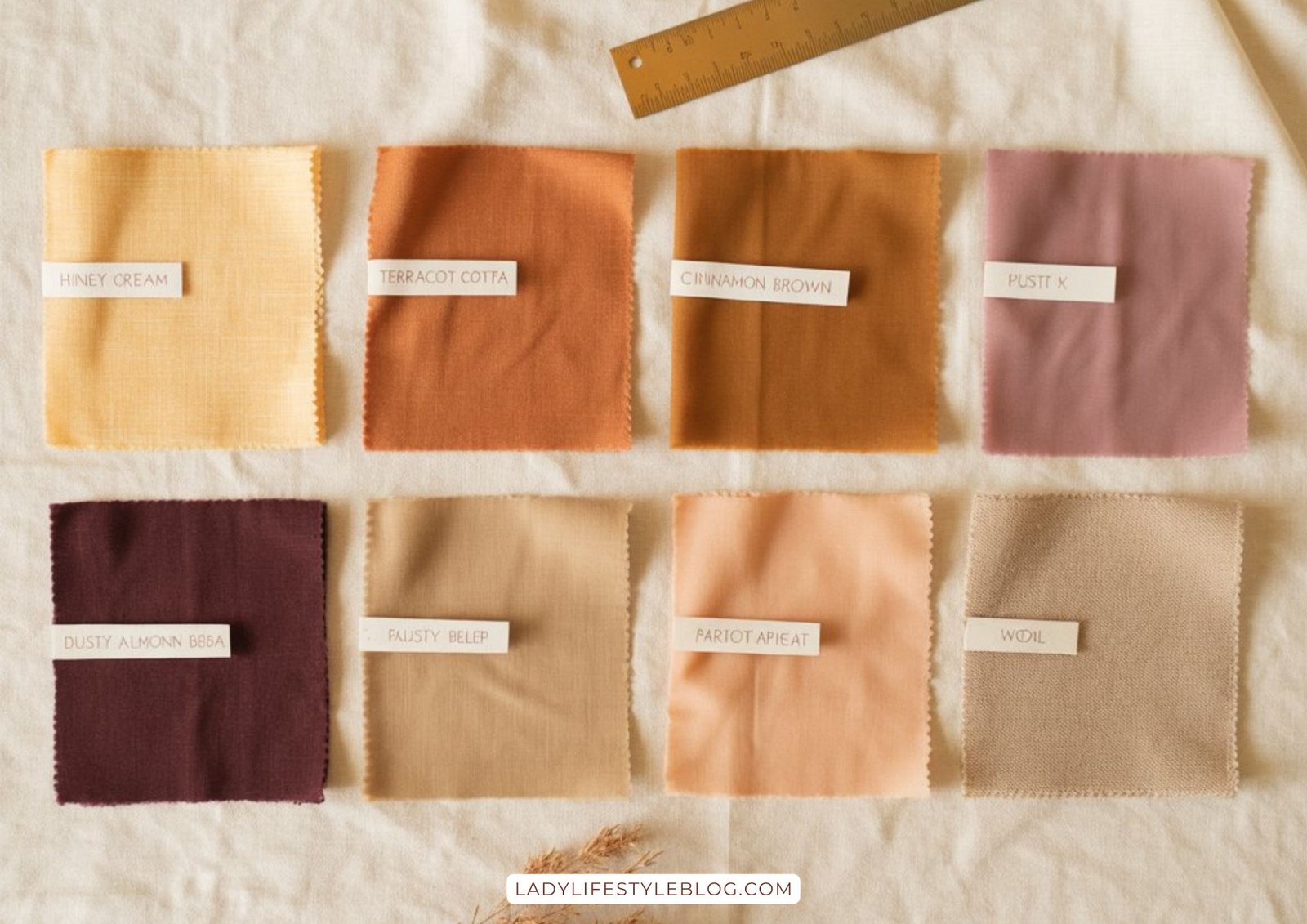 Eight warm color palette swatches for cozy bedrooms