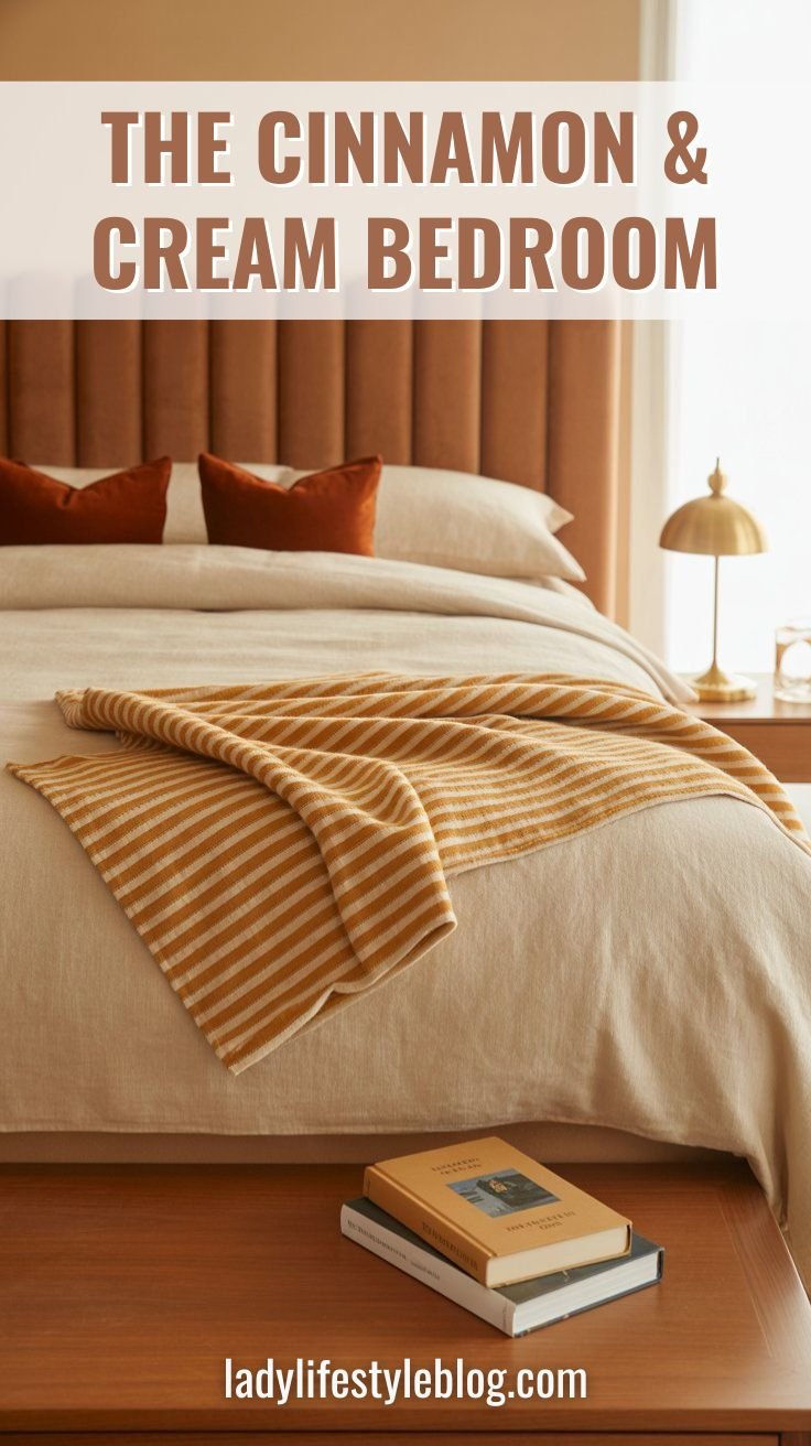 Cinnamon velvet headboard cozy bedroom with ivory linen bedding