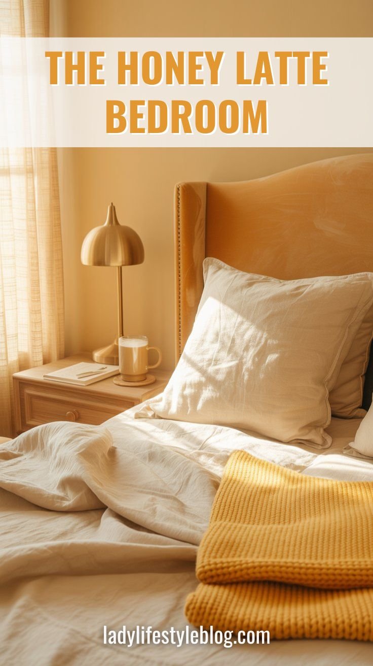 Honey Latte warm color palette cozy bedroom with caramel headboard