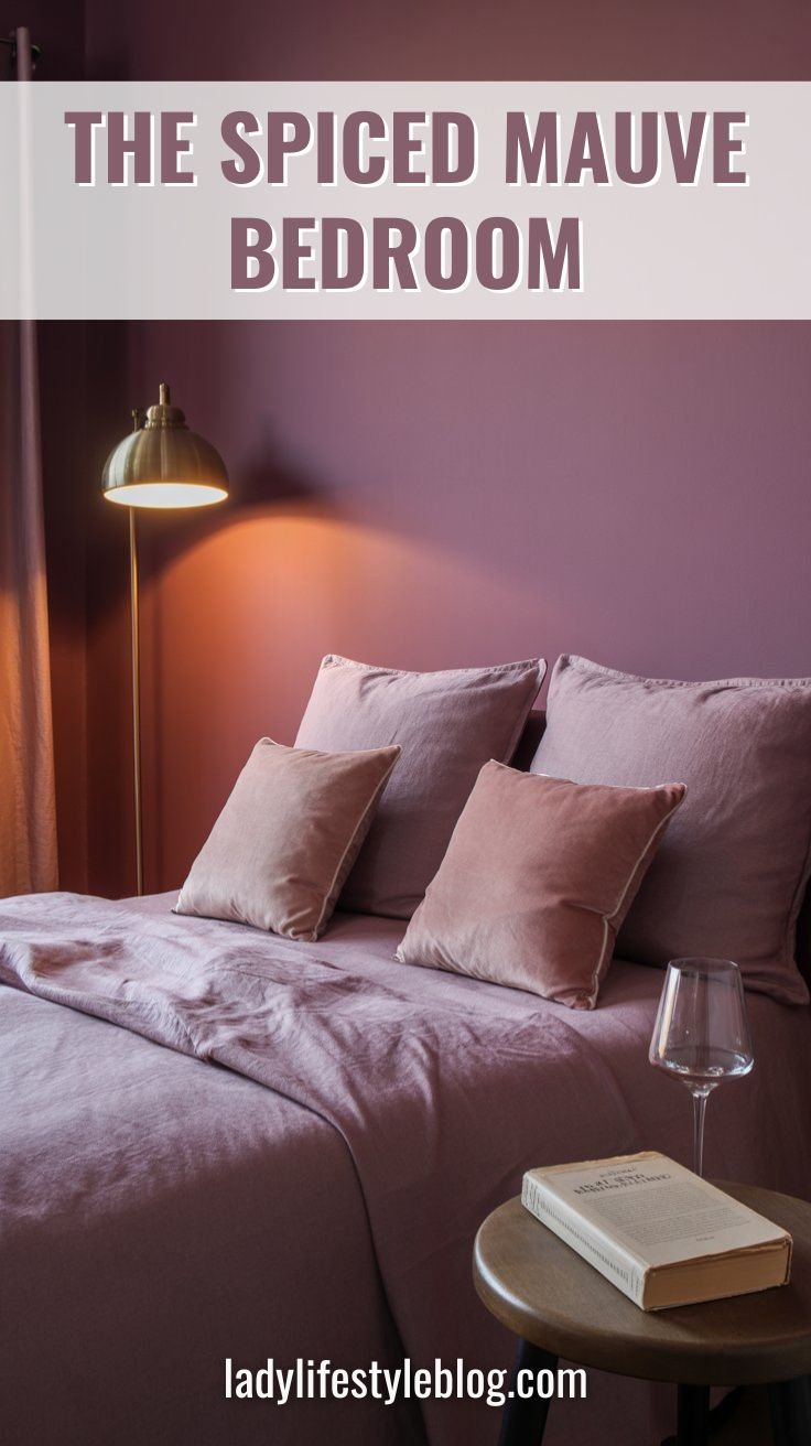 Dusty mauve cozy bedroom with aged brass lamp