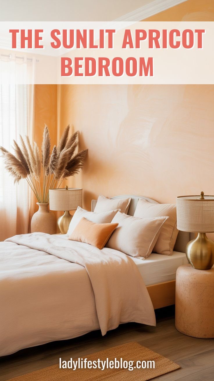 Apricot peach walls cozy bedroom with brushed brass and pampas