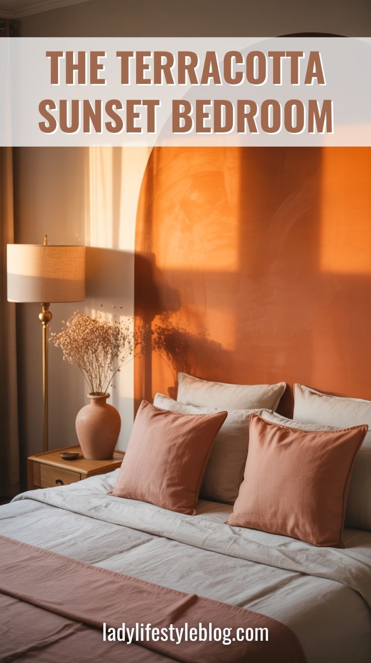Terracotta accent wall cozy bedroom with dusty pink pillows