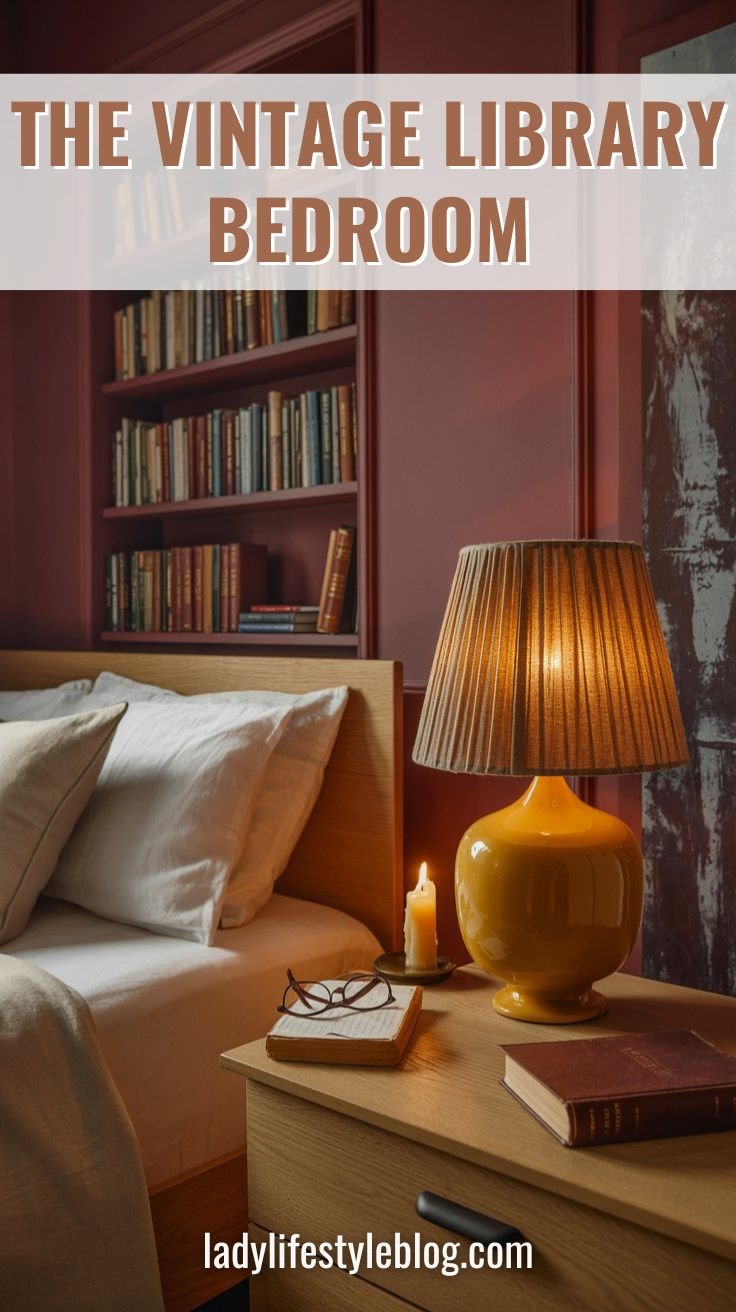 Burgundy walls cozy bedroom with warm oak furniture vintage library style