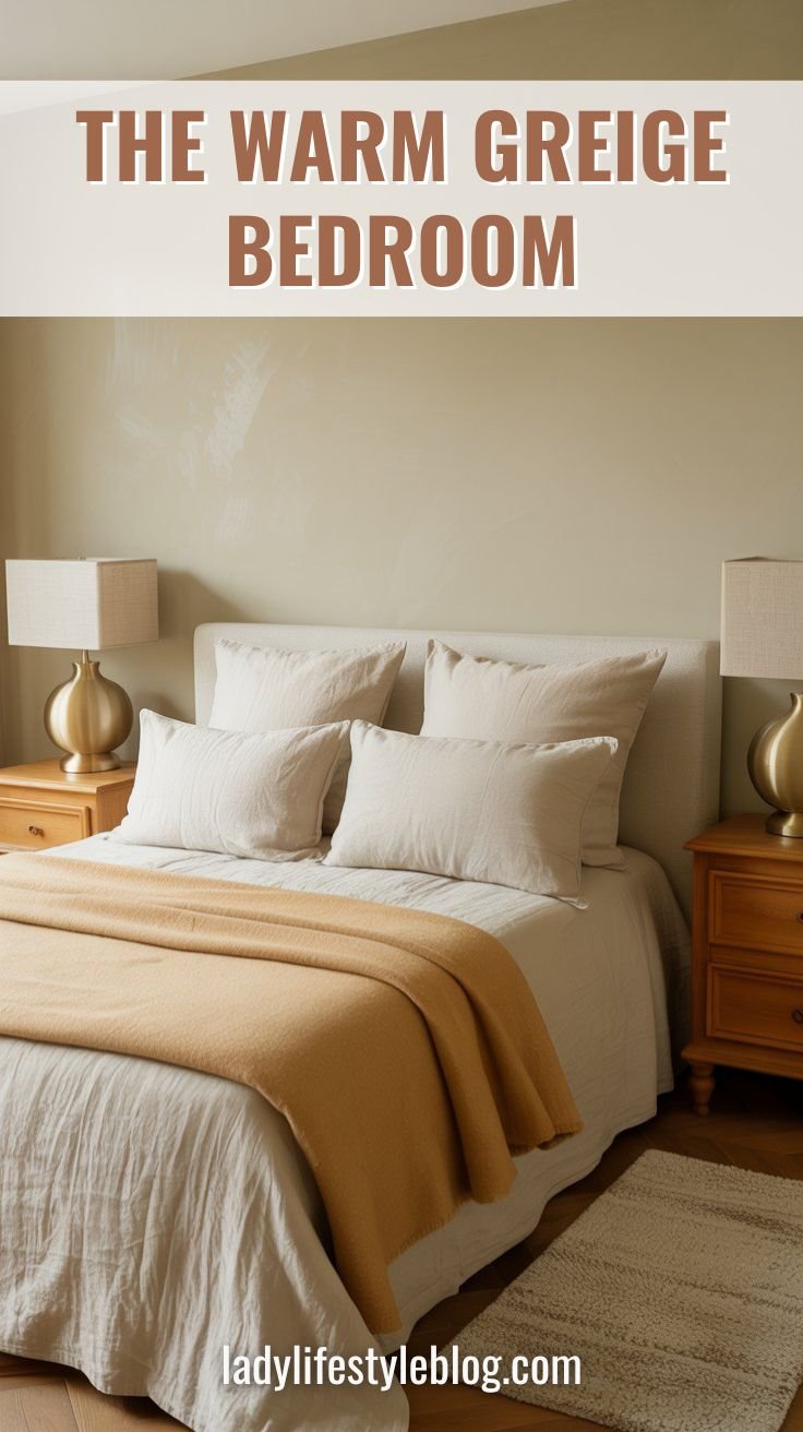 Warm greige cozy bedroom with camel throw and honey oak