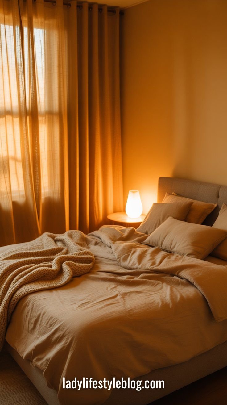 Cozy bedroom at golden hour with chunky knit throw