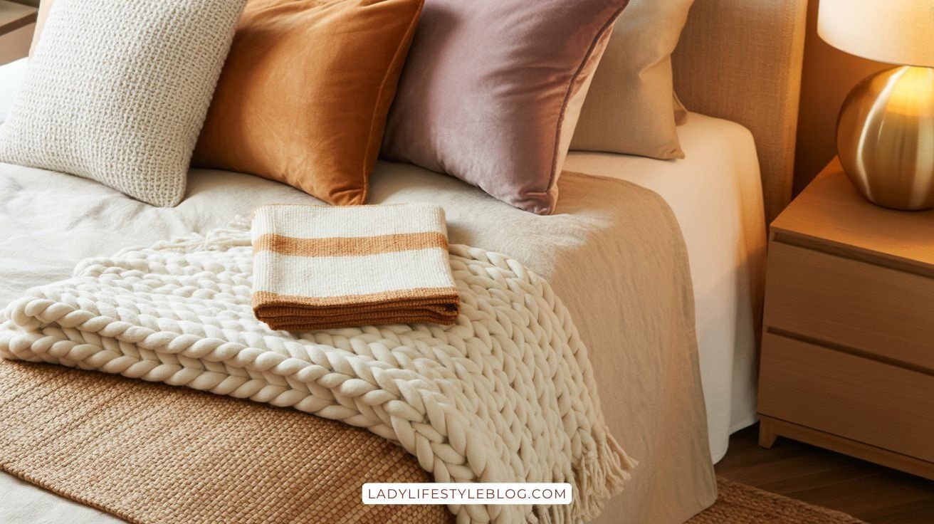 Layered linen knit and wool textures on cozy bedroom bed