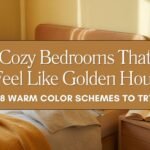 Cozy bedroom with warm honey color palette at golden hour