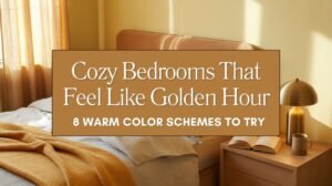 Cozy bedroom with warm honey color palette at golden hour