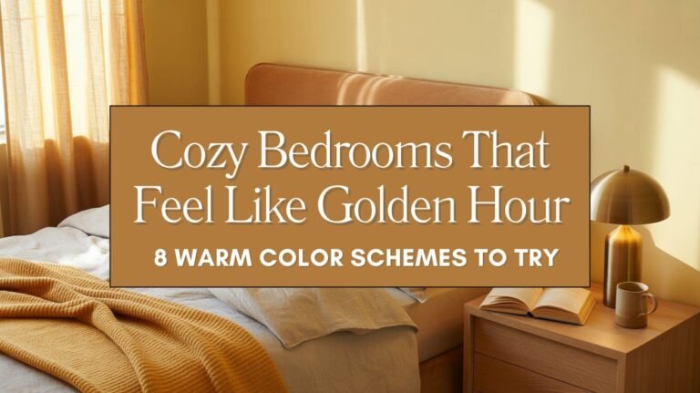 Cozy bedroom with warm honey color palette at golden hour