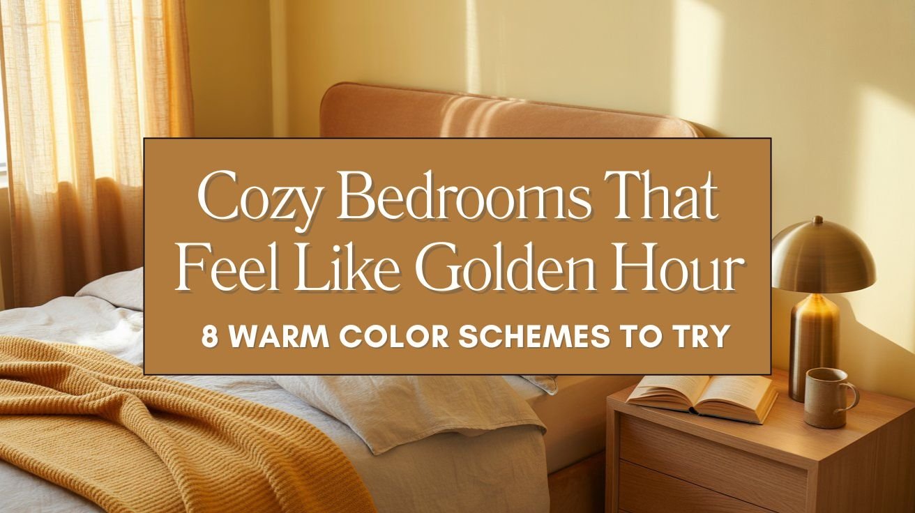 Cozy bedroom with warm honey color palette at golden hour
