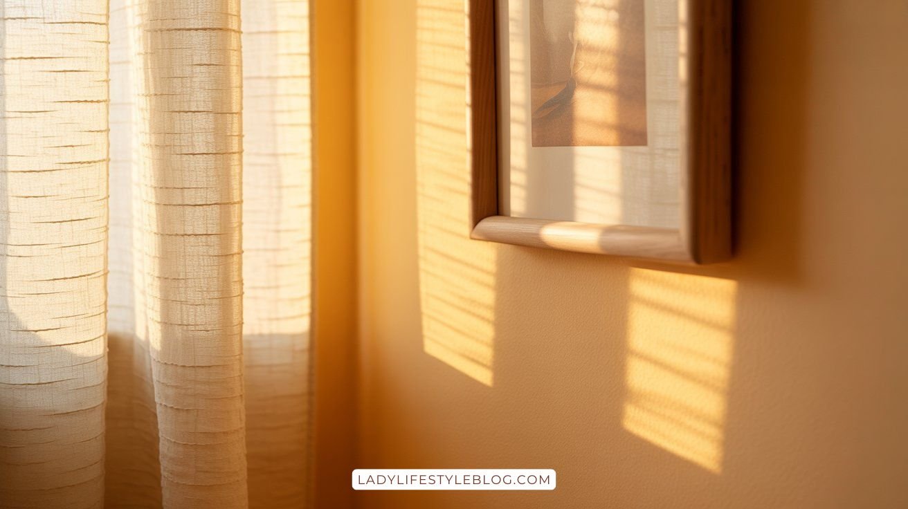 Warm afternoon sunlight on cream bedroom wall