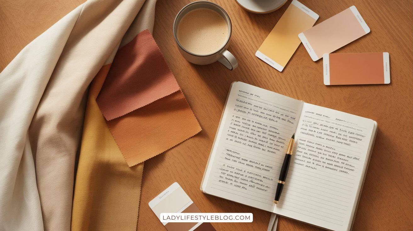 Bedroom paint color swatches and notebook flat lay