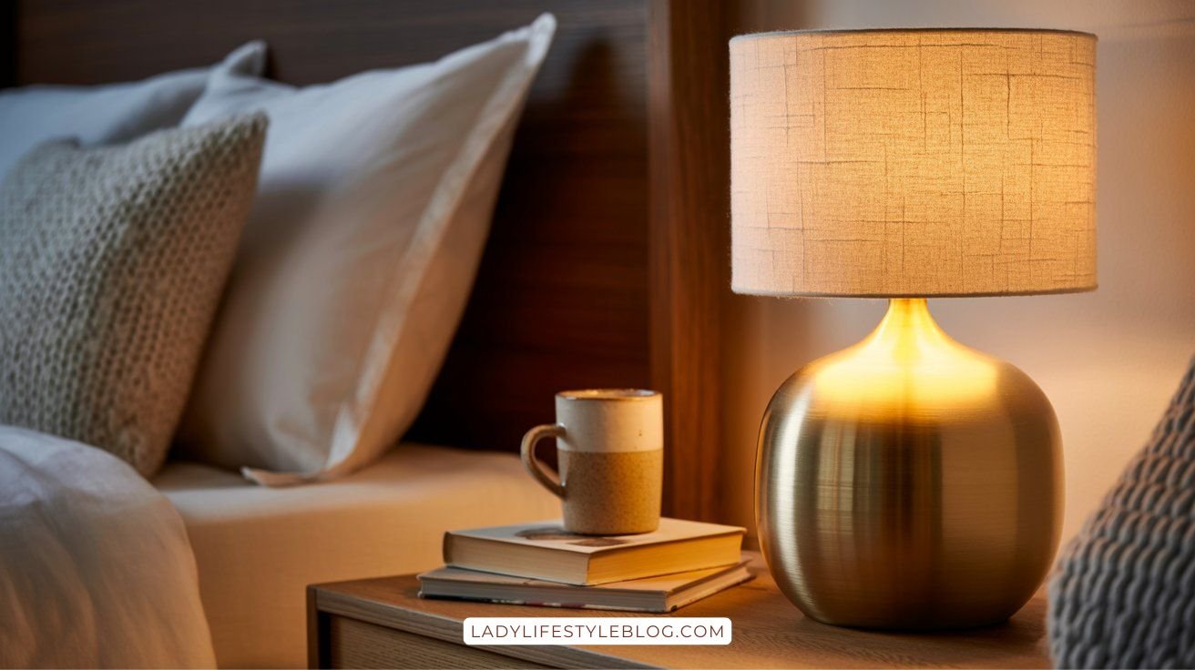 Brushed brass bedside lamp with warm 2700K bulb glowing on linen bedding